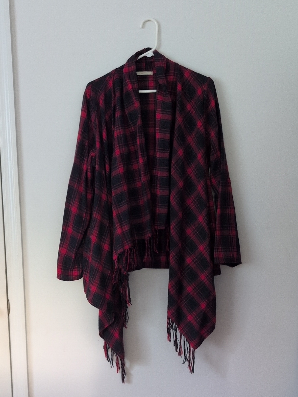 Cherish Red & Black Plaid Fringe Open-Front Poncho